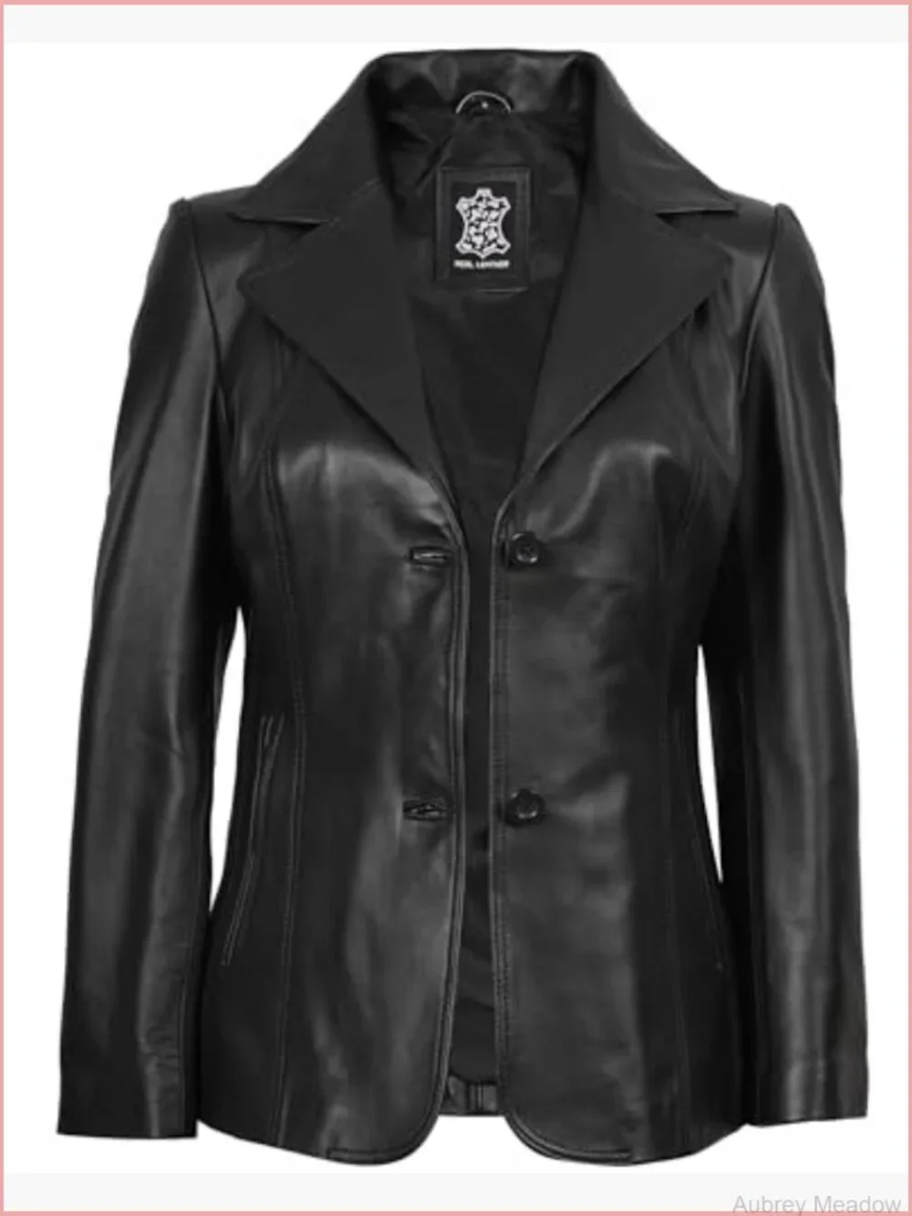 Real Lambskin Leather Blazer Women Notched Lapel 2-Button Long Sleeve Blazer